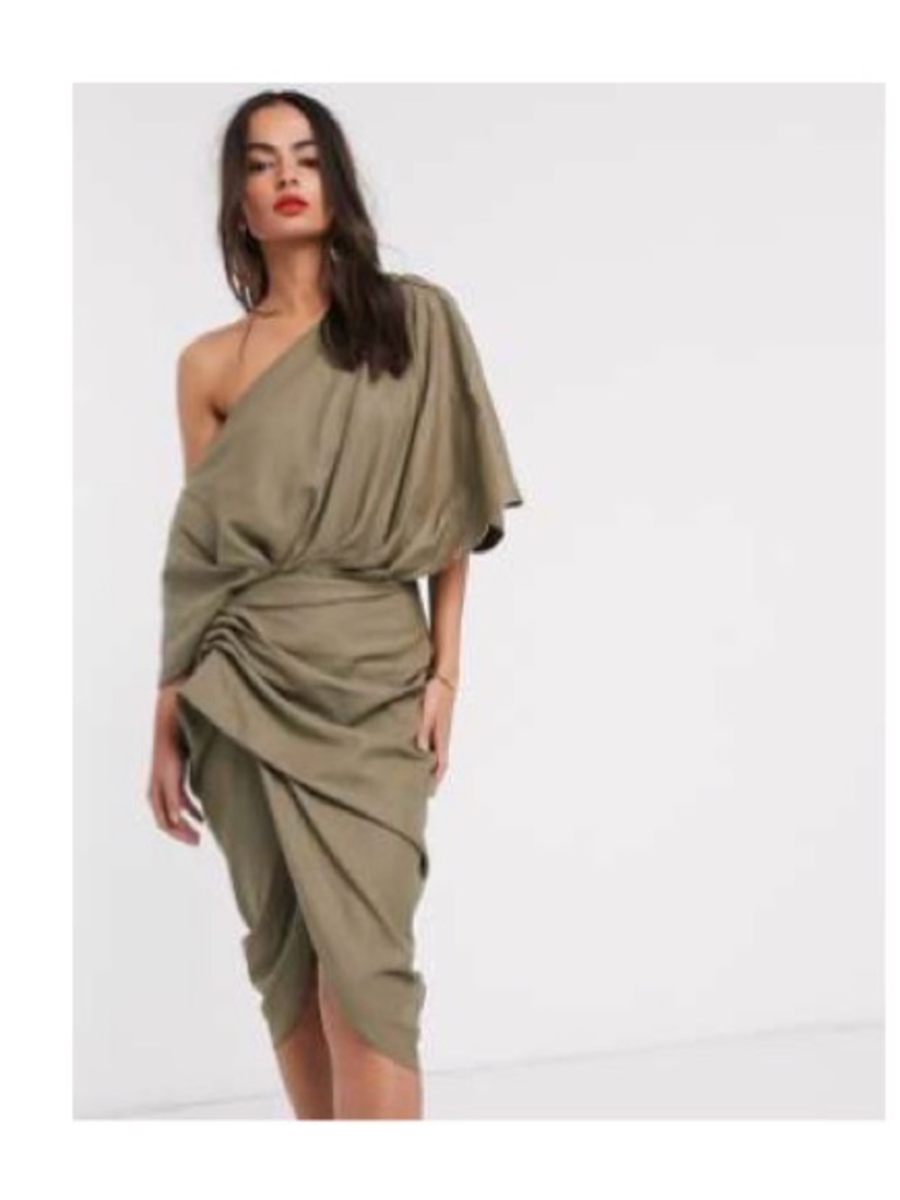 ASOS Olive Green One-Shoulder Asymmetrical Draped Dress